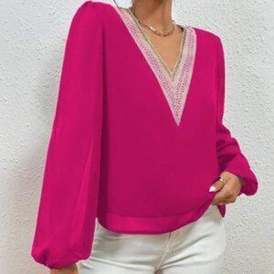 Lace Panel detail Lantern Sleeve Blouse Top